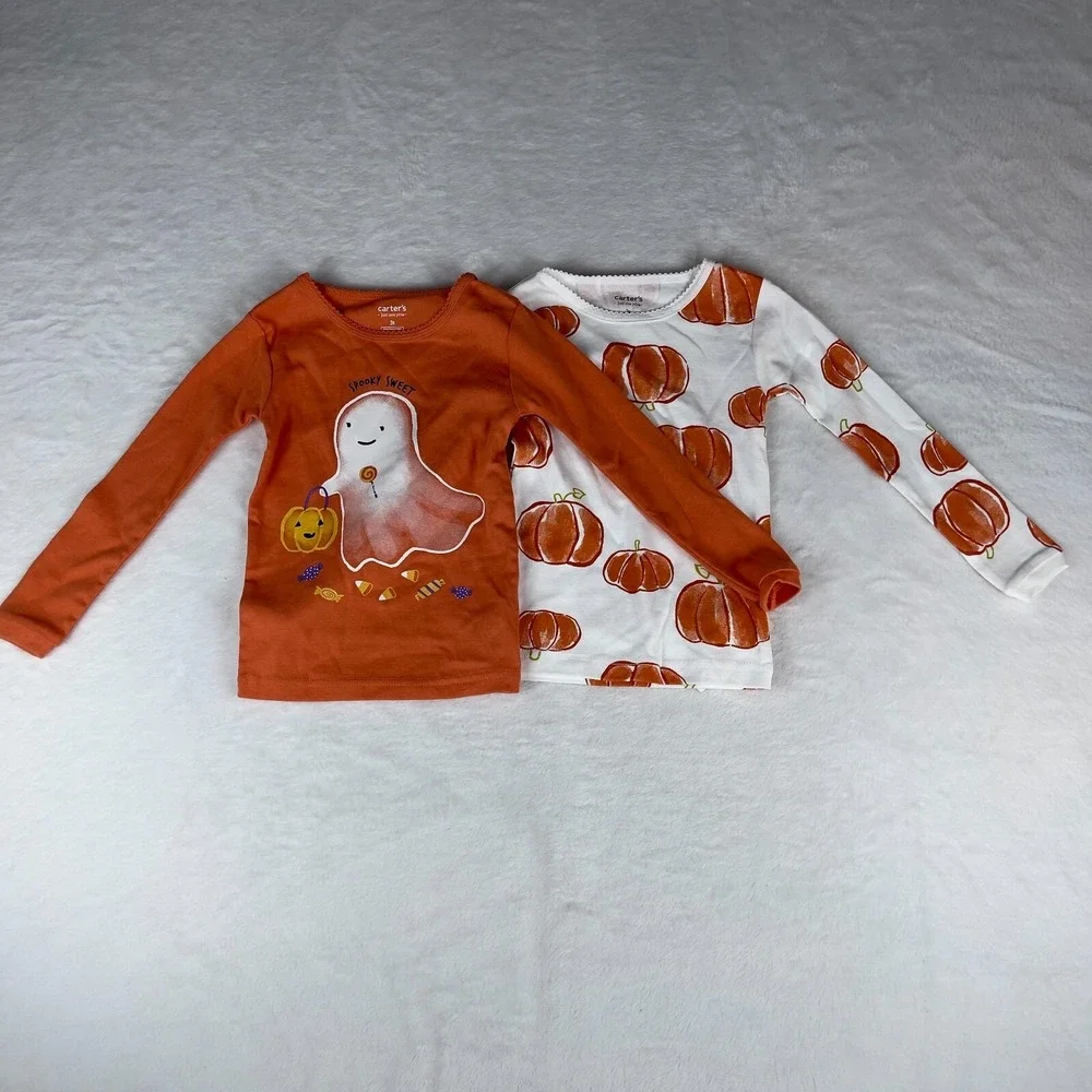 Lot of 2 Carter's PJ Tops Girls 3T White Orange‎ Ghosts & Pumpkins Long Sleeve